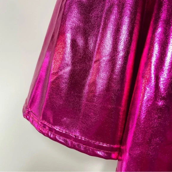 Hot Pink Metallic Futuristic Festival Cybercore Mini Skater Skirt Zenon Costume - Picture 4 of 6